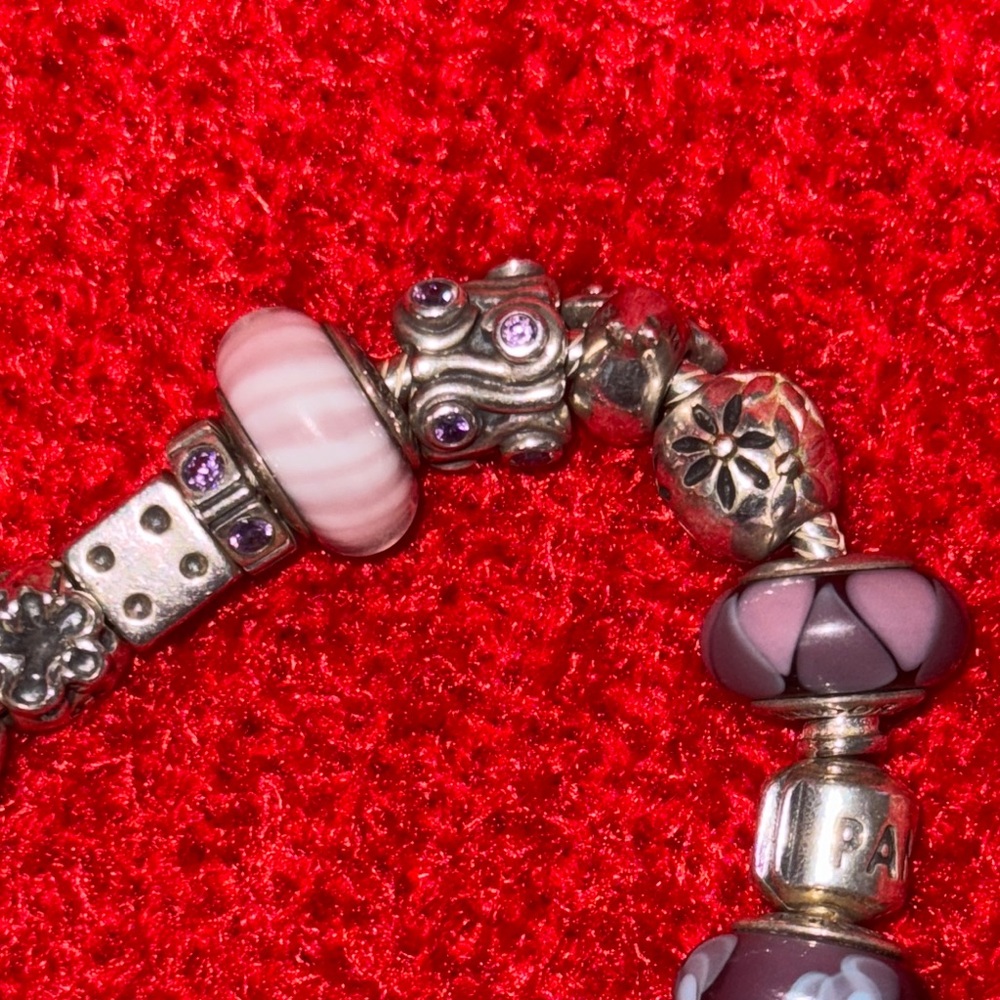 Pandora Silver and Purple Charm Bracelet with Iridescent Beads - Picture 5 of 9